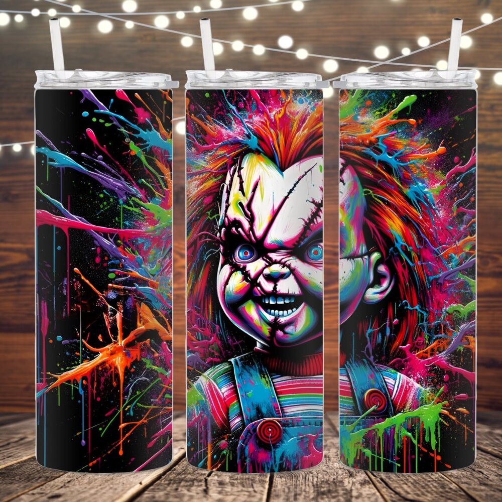 Neon Paint Splattered Chucky Metal Insulated Tumbler